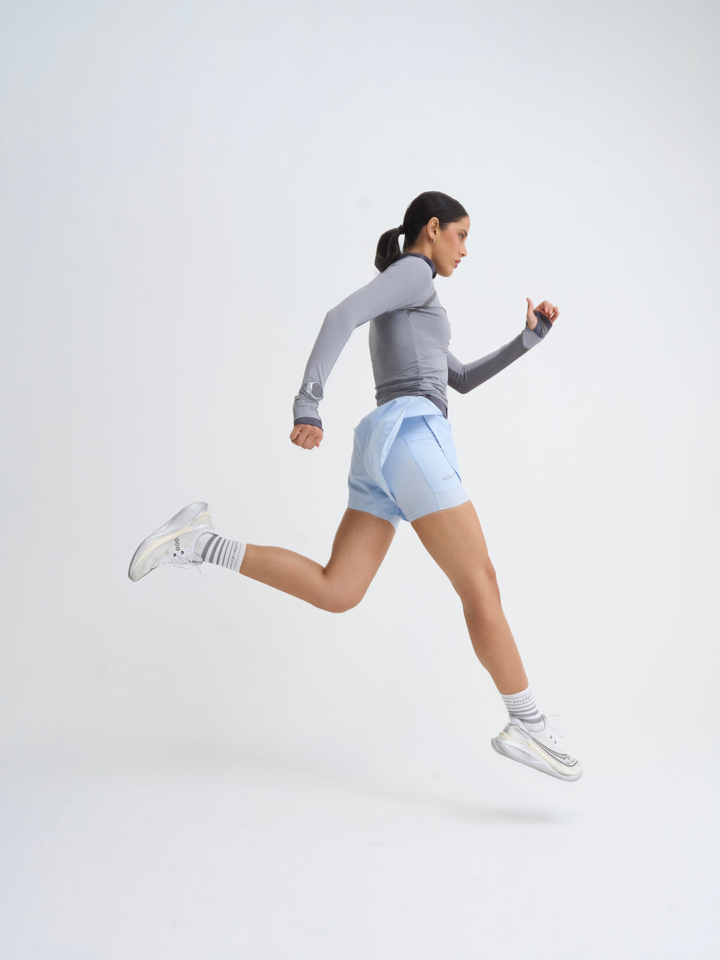 Ultimate 2in1 Run Short in Blue Frost + Long Sleeve Run Layer in Grey Haze