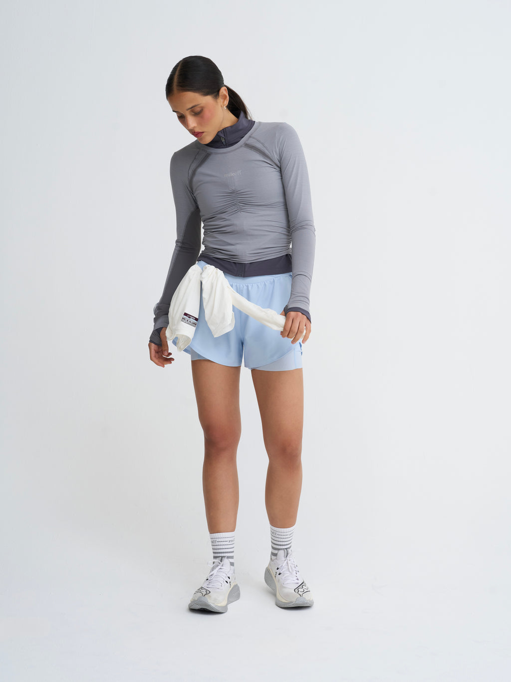 Long Sleeve Run Layer in Grey Haze + Ultimate 2in1 Run Short in Blue Frost