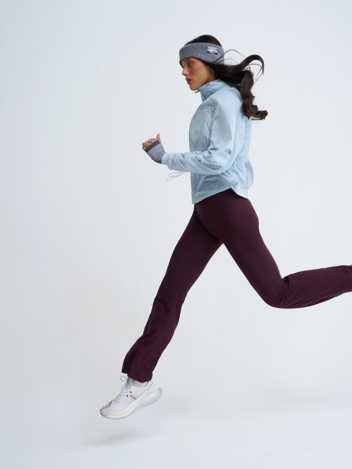 Ultimate run flare in burgundy bliss + featherlight run jacket