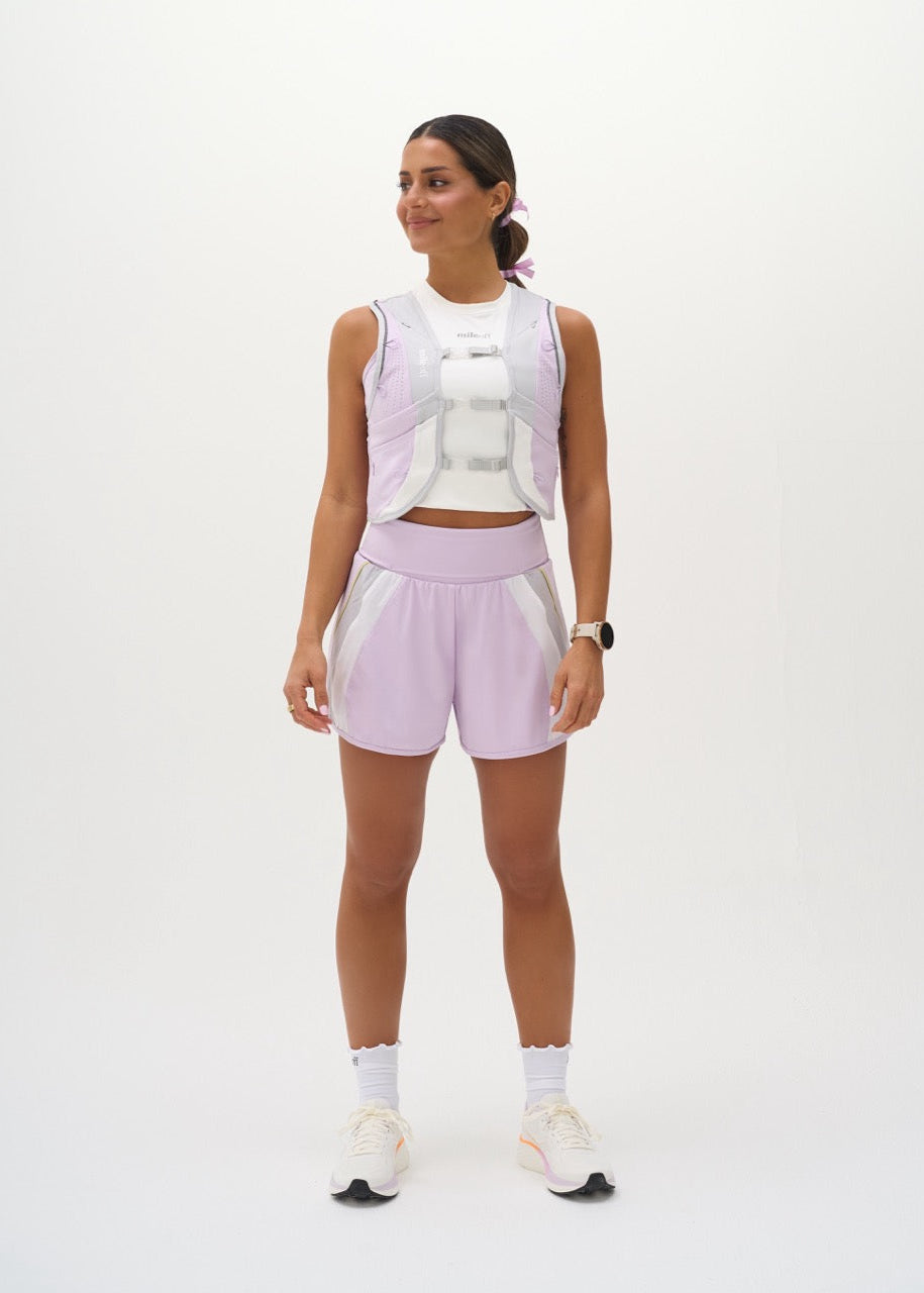 The ultimate running shorts in lilac front with vest 
